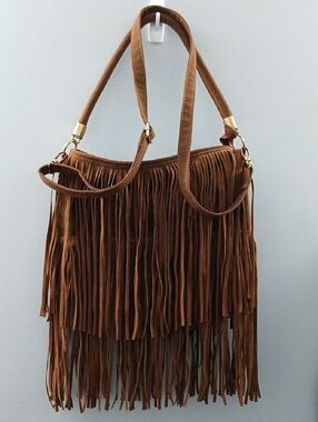 Fringed Faux Suede Shoulder Bag in Brown